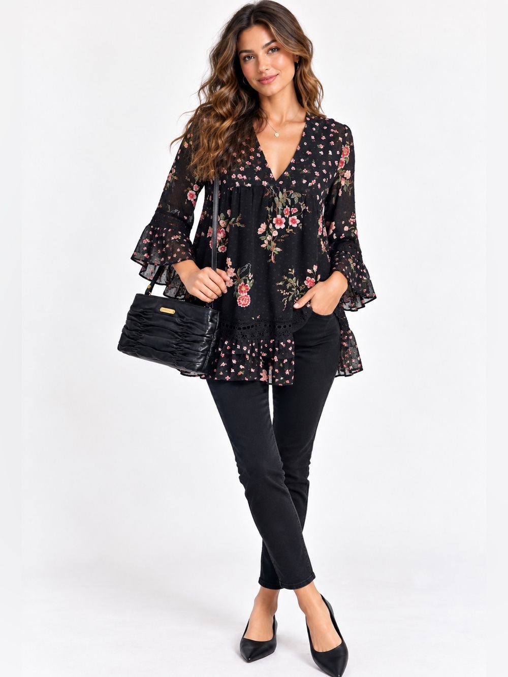 Anthropologie Maeve black cherry blossom 🌸 tiered top, beautiful! Size small